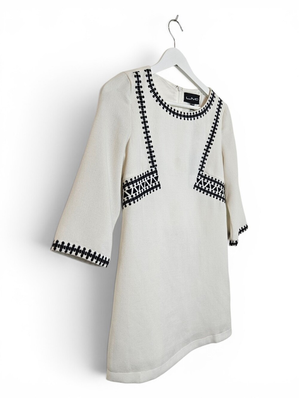 LMD Dress XS Mod Shift Embroidered Folk 3/4 Sleeve Lined White Black NWT